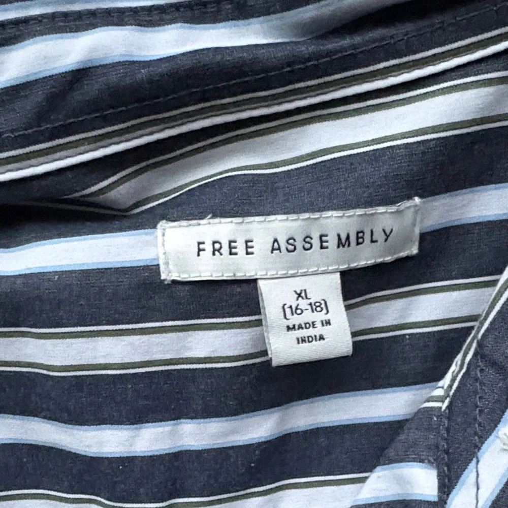 Striped Long-Sleeve Shirt Dress with Waist Tie - Dark Blue & White - Picture 2 of 2